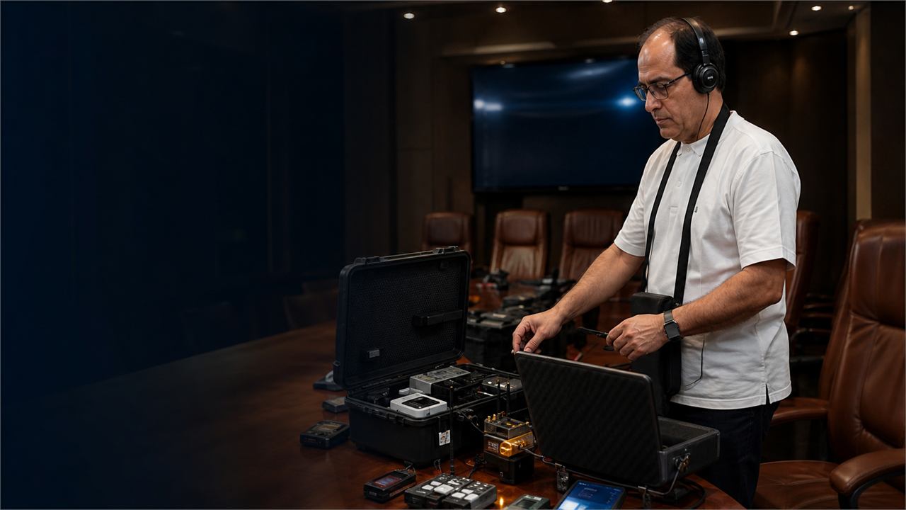 TSCM expert inspecting counter-surveillance equipment